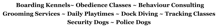 Boarding Kennels~ Obedience Classes ~ Behaviour Consulting Grooming Services ~ Daily Playtimes ~ Dock Diving ~ Tracking Classes Security Dogs ~ Police Dogs